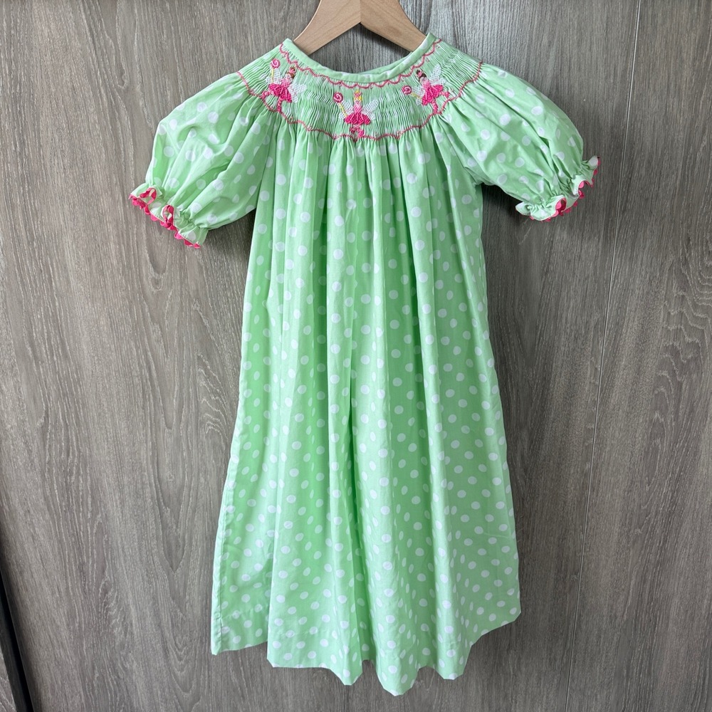 Shrimp and Grits Smocked Dress Girls 5 Green Polka Dot Fairy Embroidered Bishop